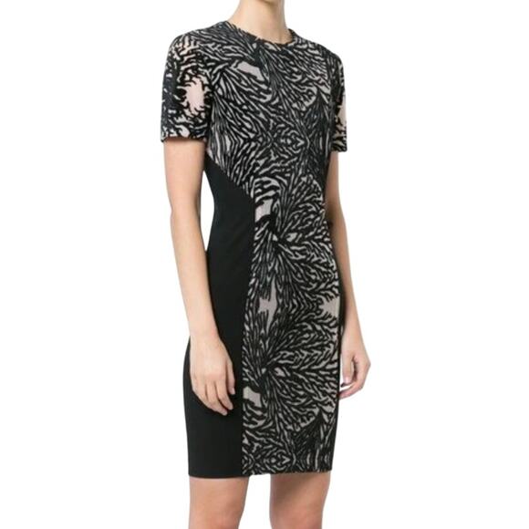 Yigal Azrouel Coral Reef Burnout Black Tan Short Sleeve Sheath Dress size 10 - Picture 2 of 11